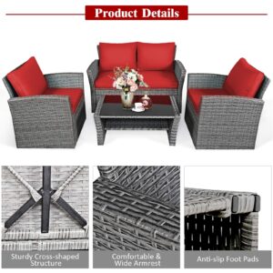 COSTWAY 4 Pieces Patio Rattan Furniture Set, Outdoor Wicker Sofa Set with Tempered Glass Coffee Table, Cushions, All Weather Rattan Conversation Set for Yard Balcony Backyard Pool, Red