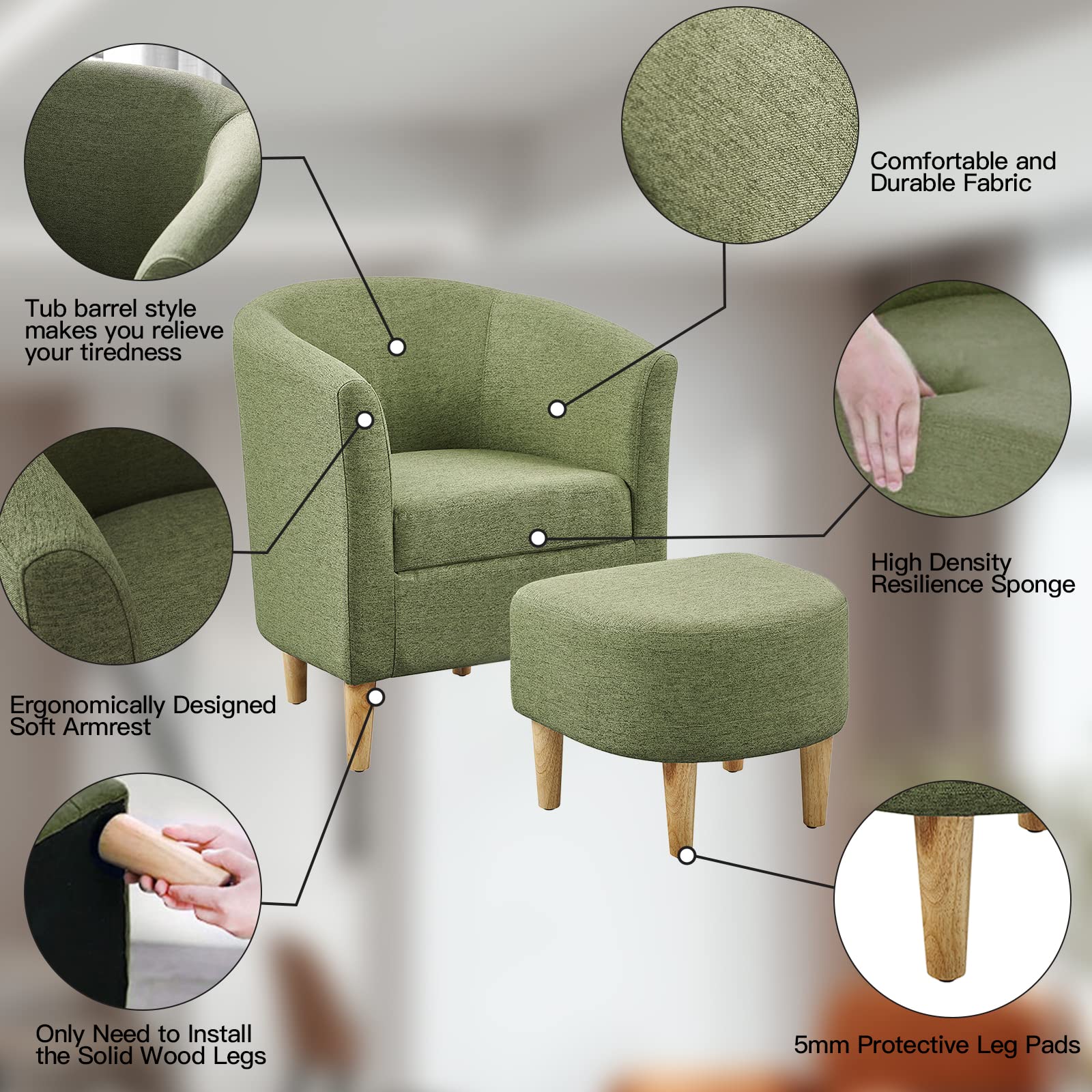 DAZONE Mid Century Modern Chair, Accent Chair Barrel with Ottoman Comfy Arm Footrest Set Comfortable Living Room Chairs Upholstered Round Club Tub Sofa for Bedroom Reading Green, Set of 1