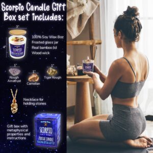 DANCING BEAR Scorpio Zodiac Candle Gift Box Set with 3 Healing Crystals & Stone Holder Necklace, 100% Soy Scented Wax, Crackling Wood Wick, 45 Hour Burn Time