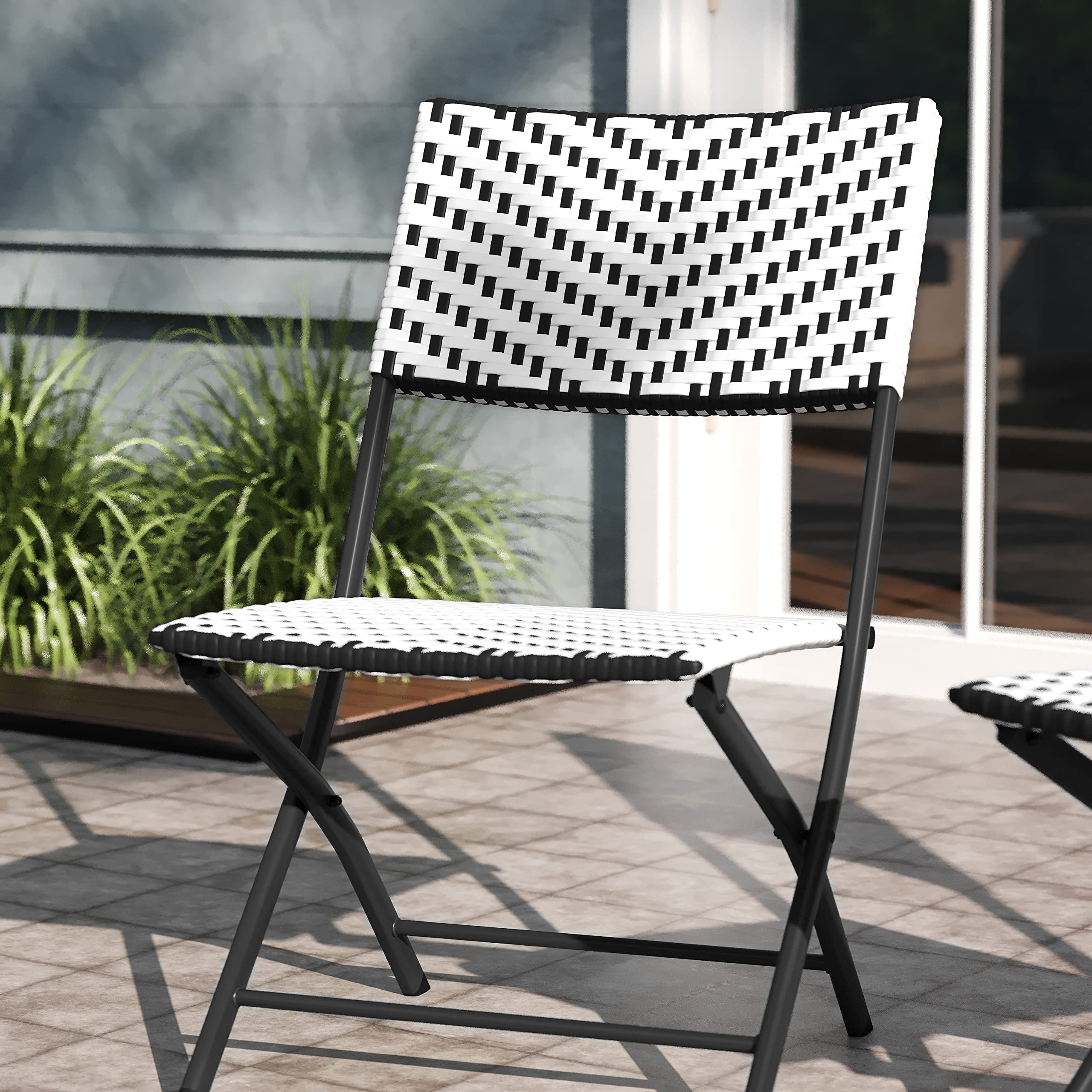 EMMA + OLIVER Ciel Two Piece Folding Bistro Chairs - Black and White PE Rattan - Black Metal Frames - Indoor/Outdoor Use