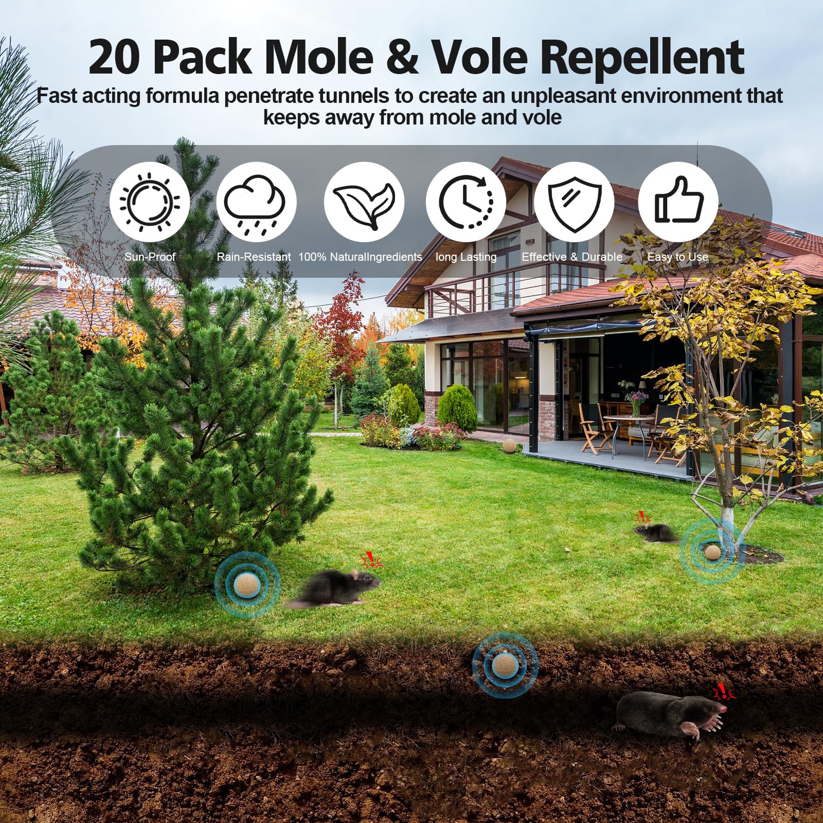 20 Packs Mole Repellent, Vole Repellent Outdoor, Powerful Mole Deterrent for Yard, Gopher Repellent, Mole Repellant for Lawn, Mole Control, Keep Mole and Vole Out of Your Garden