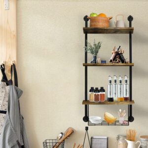 GILPWA 3-Tier Bathroom Shelves, Wall Mounted Floating Shelves with Basket, Easy Assemble Industrial Pipe Shelving, Anti-Rust Wall Shelves for Barhroom Living Room, Kitchen, Bedroom, 44.5 * 16.9 inch