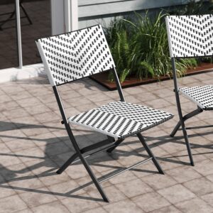 EMMA + OLIVER Ciel Two Piece Folding Bistro Chairs - Black and White PE Rattan - Black Metal Frames - Indoor/Outdoor Use