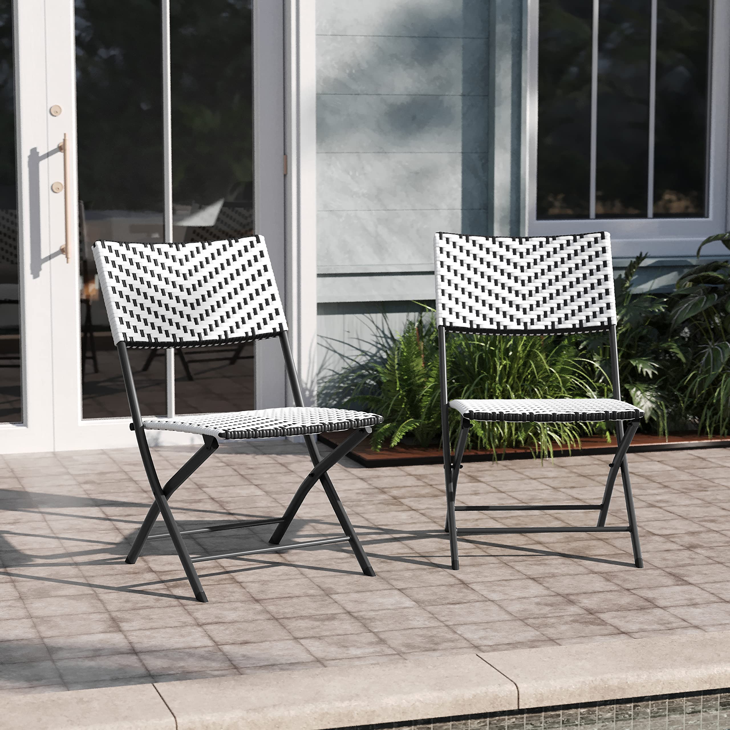 EMMA + OLIVER Ciel Two Piece Folding Bistro Chairs - Black and White PE Rattan - Black Metal Frames - Indoor/Outdoor Use