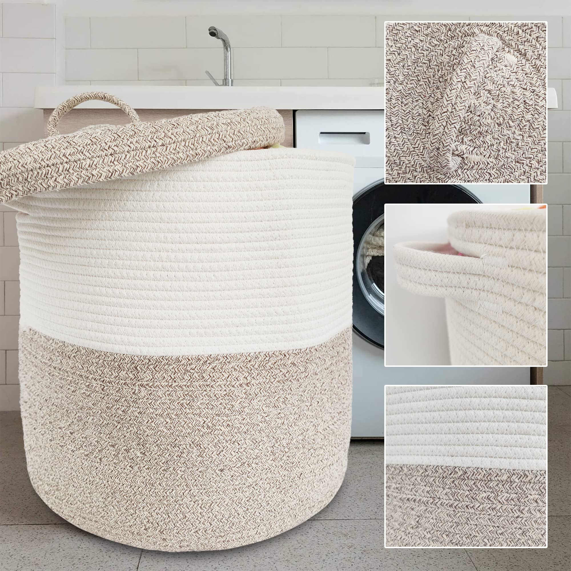 Large Storage Basket with Lid, 16"Wx18"H Woven Laundry Basket with Lid Cotton Laundry Basket, Wicker Basket Blankets Pillows Storage in Living Room, Beige/White Mix with Lid