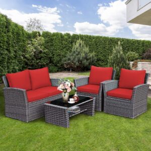 COSTWAY 4 Pieces Patio Rattan Furniture Set, Outdoor Wicker Sofa Set with Tempered Glass Coffee Table, Cushions, All Weather Rattan Conversation Set for Yard Balcony Backyard Pool, Red