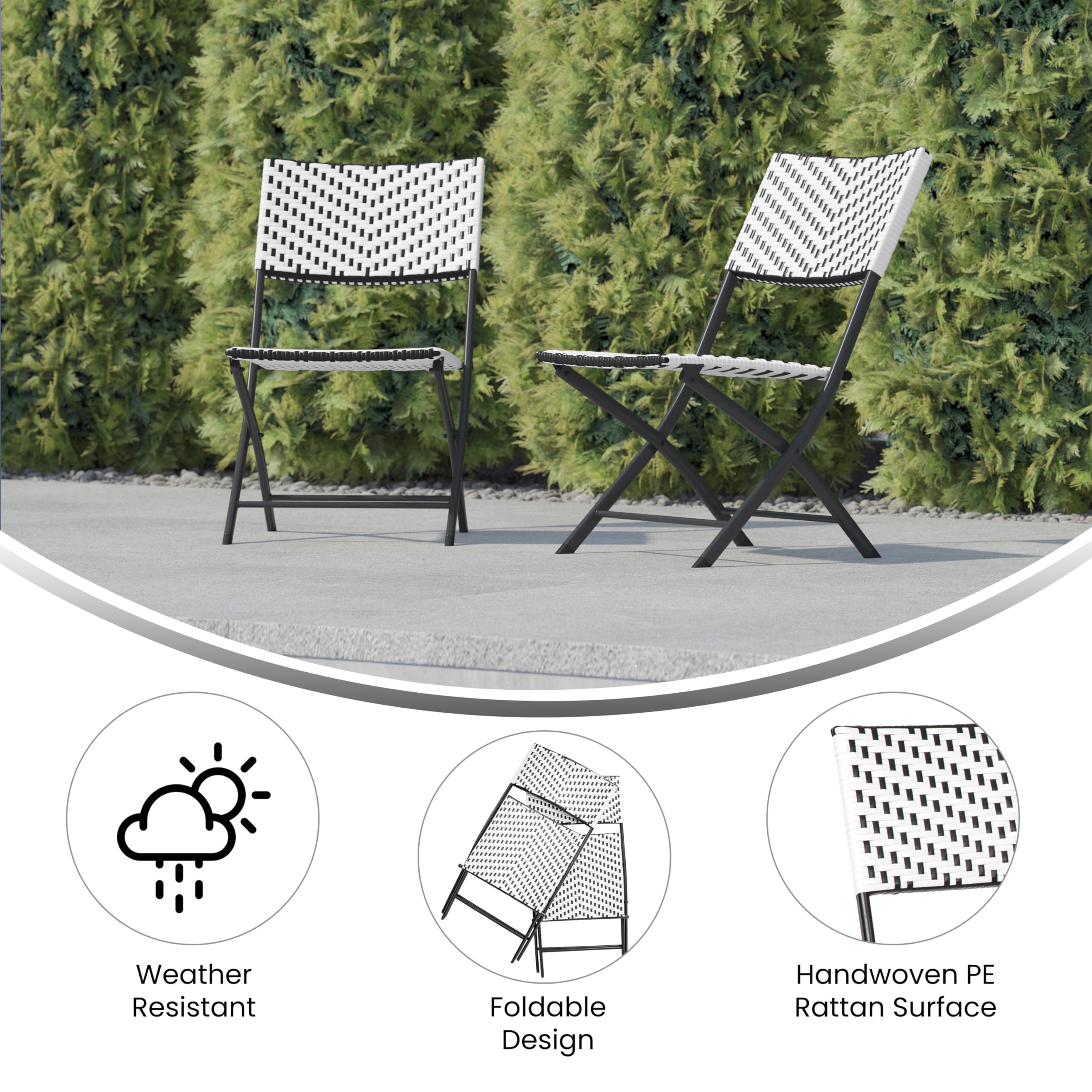 EMMA + OLIVER Ciel Two Piece Folding Bistro Chairs - Black and White PE Rattan - Black Metal Frames - Indoor/Outdoor Use