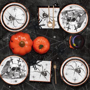 Spider Webs Halloween Party Supplies - Featuring Skull & Spider Themes, All-inclusive Wicked Web Paper Plates, Napkins, Cups, Tablecloth, and Banner. Ideal for Halloween Party Decorations, Serve 25 .