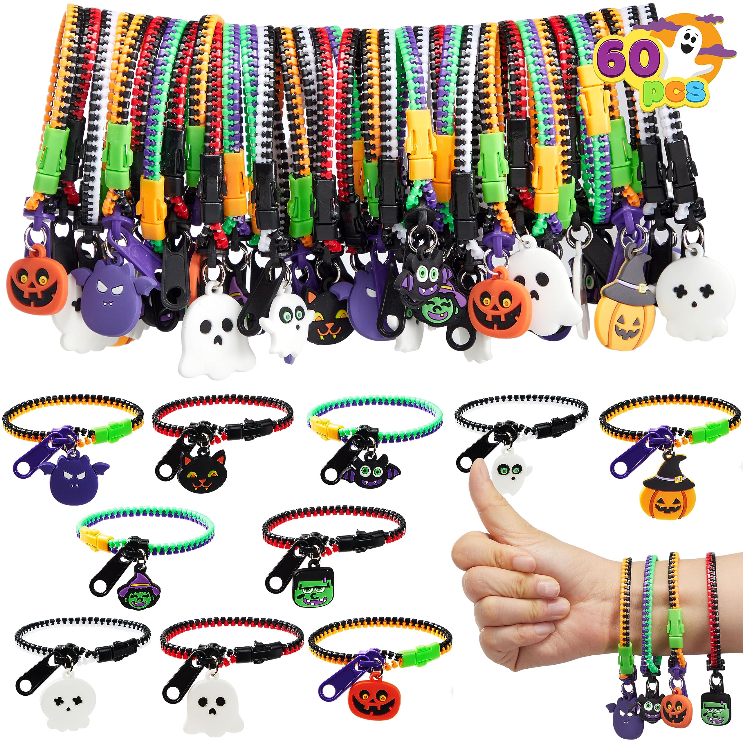 JOYIN 60 PCS Halloween Zipper Bracelets Bulk Set, Friendship Zipper Wristbands for Kids Gift, Halloween Trinkets, Halloween Goodie Bag Fillers, Classroom Prizes