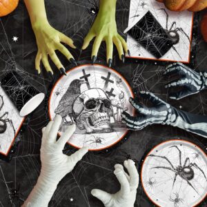 Spider Webs Halloween Party Supplies - Featuring Skull & Spider Themes, All-inclusive Wicked Web Paper Plates, Napkins, Cups, Tablecloth, and Banner. Ideal for Halloween Party Decorations, Serve 25 .