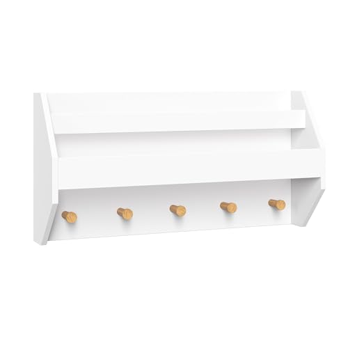 RiverRidge Kids Catch-All Wall Shelf with Bookrack and Hooks, One Size, White