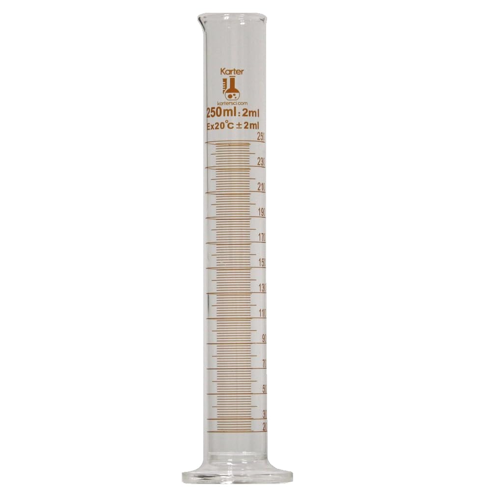 250ml, Graduated Cylinder, Borosilicate 3.3 Glass, Single Metric Scale, Karter Scientific 412G3 (Single)