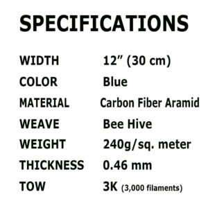 KARBXON - 12 in x 10 ft – Beehive Weave - Carbon Fiber Aramid Fabric - Blue - 3K - 240g/meter - Beehive Weave 12” Wide Hemmed Fabric for Repair, DIY Projects (10, Ft)