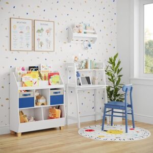 RiverRidge Kids Catch-All Wall Shelf with Bookrack and Hooks, One Size, White