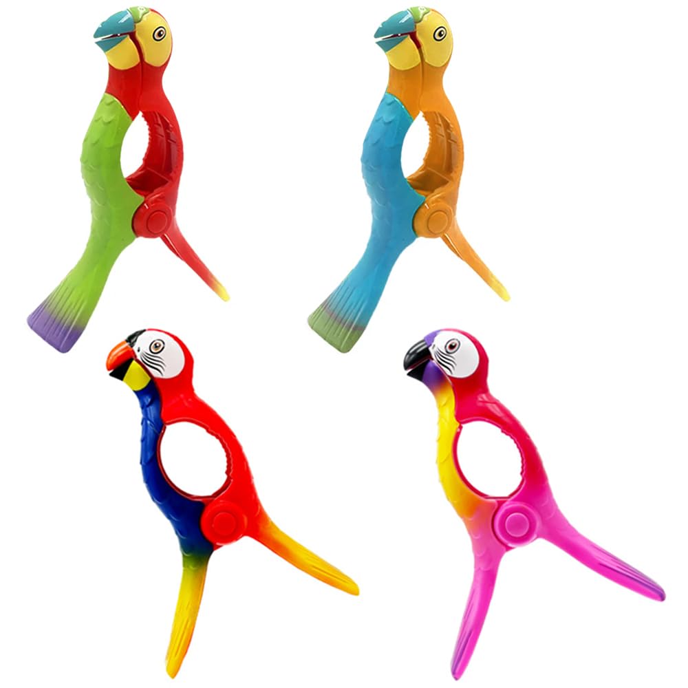 4 PCS Beach Towel Clips, Heavy Duty Towel Clip, Cute Beach Towel Clips for Beach Chairs, Flamingo Parrot Shell Towel Holder Jumbo Size for Clothes Quilt Blanket Home Patio Pool Chair Cruise (Parrot 1)