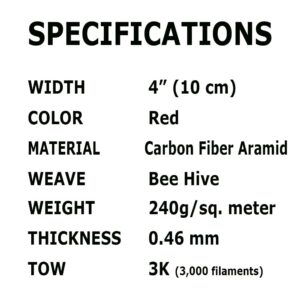 KARBXON - 4 in x 10 ft – Beehive Weave - Carbon Fiber Aramid Fabric - Red - 3K - 240g/meter - Beehive Weave 4” Wide Hemmed Fabric for Repair, DIY Projects (4, 10 ft)