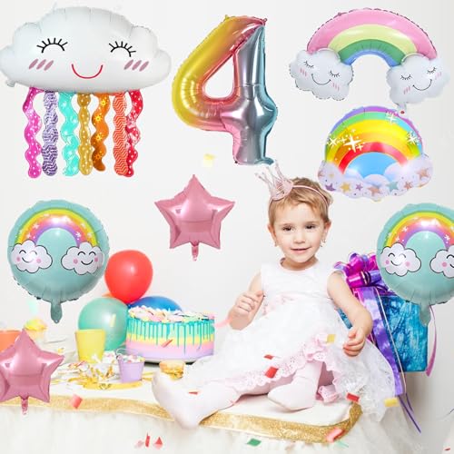 4th Birthday Decorations Girl, 8 Pcs 4 Balloons Birthday Foil Balloons with Rainbow Pink Star Pastel Round Balloons, Number 4 for Girls Birthday Party Baby Shower Supplies