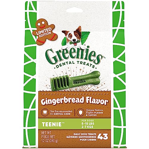 Greenies Gingerbread Flavor Teenie Size, Veterinarian-Recommended for Dental Care, Dog Treat Chews, Great Holiday Dog Stocking Stuffers, Limited Edition, 12 oz. Pack of 43