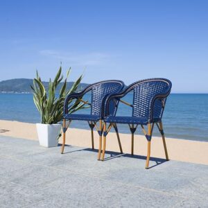 SAFAVIEH Outdoor Collection California Bistro Navy 36-inch Seat Height Armchair Set of 2 (Fully Assembled)