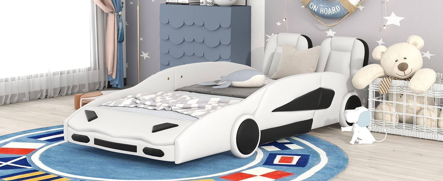 Harper & Bright Designs Twin Size Race Car-Shaped Platform Bed with Wheels, White