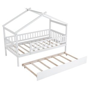 Twin House Bed with Trundle, House Bed for Kids, Wooden Daybed Twin Platform Bed Frame with Guardrails and Roof, for Girls Boys, Easy Assembly (Twin Size, White)