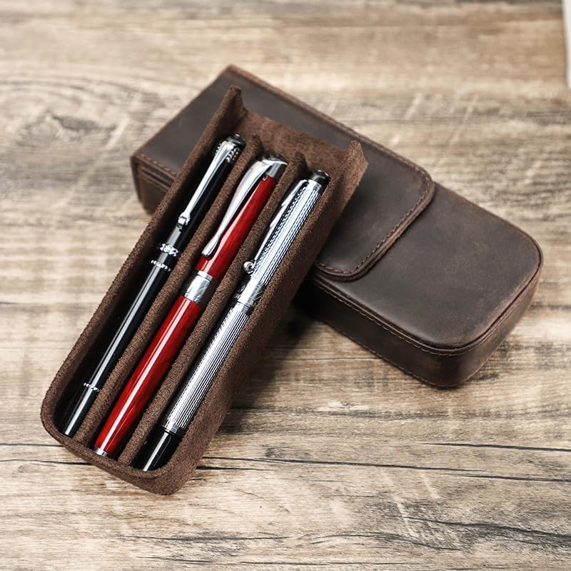 3/12 Leather Pen Case Pack Handmade Drawer Style Detachable Magnetic Pen Case (3 BROWN)…