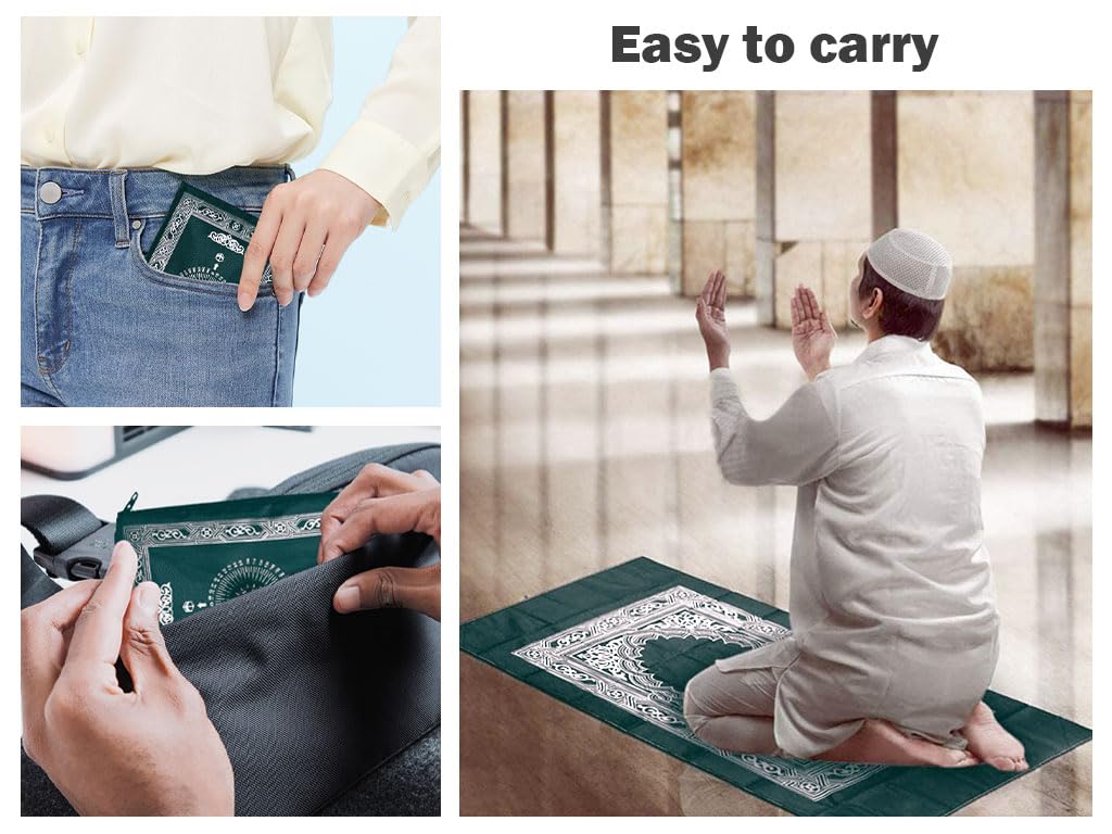 Abiyou 1 Piece Prayer Mat, Musilm Prayer Mat, Polyester Prayer Rug, Portable Travel Prayer Mat, Travel Prayer Rug with Compass, for Muslim Prayer, Ramadan(Green, 60CMx100CM)