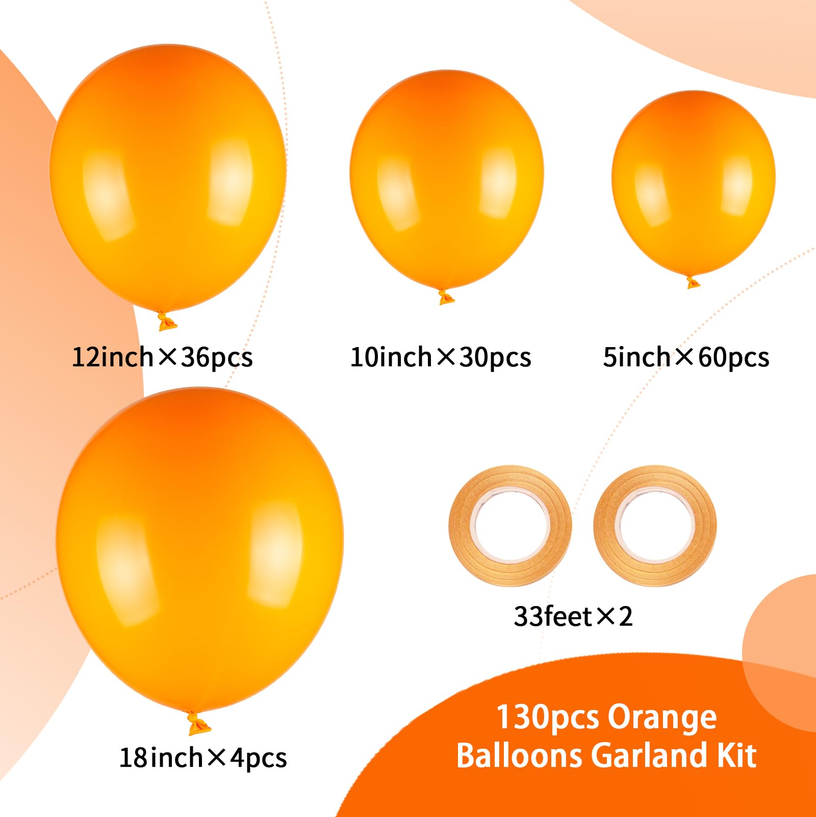 130pcs Orange Balloons Arch Kit, 18" 12" 10" 5" Different Sizes Pack Burnt Orange Latex Balloons Garland for Birthday Graduation Baby Shower Halloween Party Decorations (With 2 Ribbons)