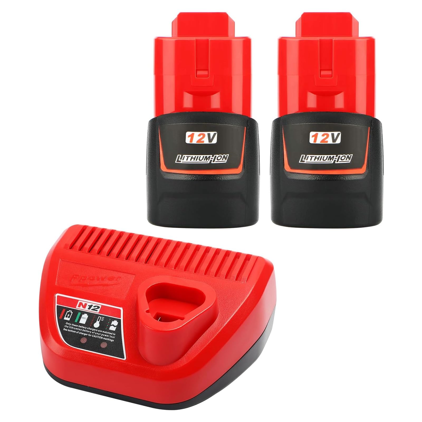 TENMOER 2 Pack 12V 3.0Ah Replacement Battery and Charger Kit Compatible with Milwaukee M12 12Volt Batteries Tools