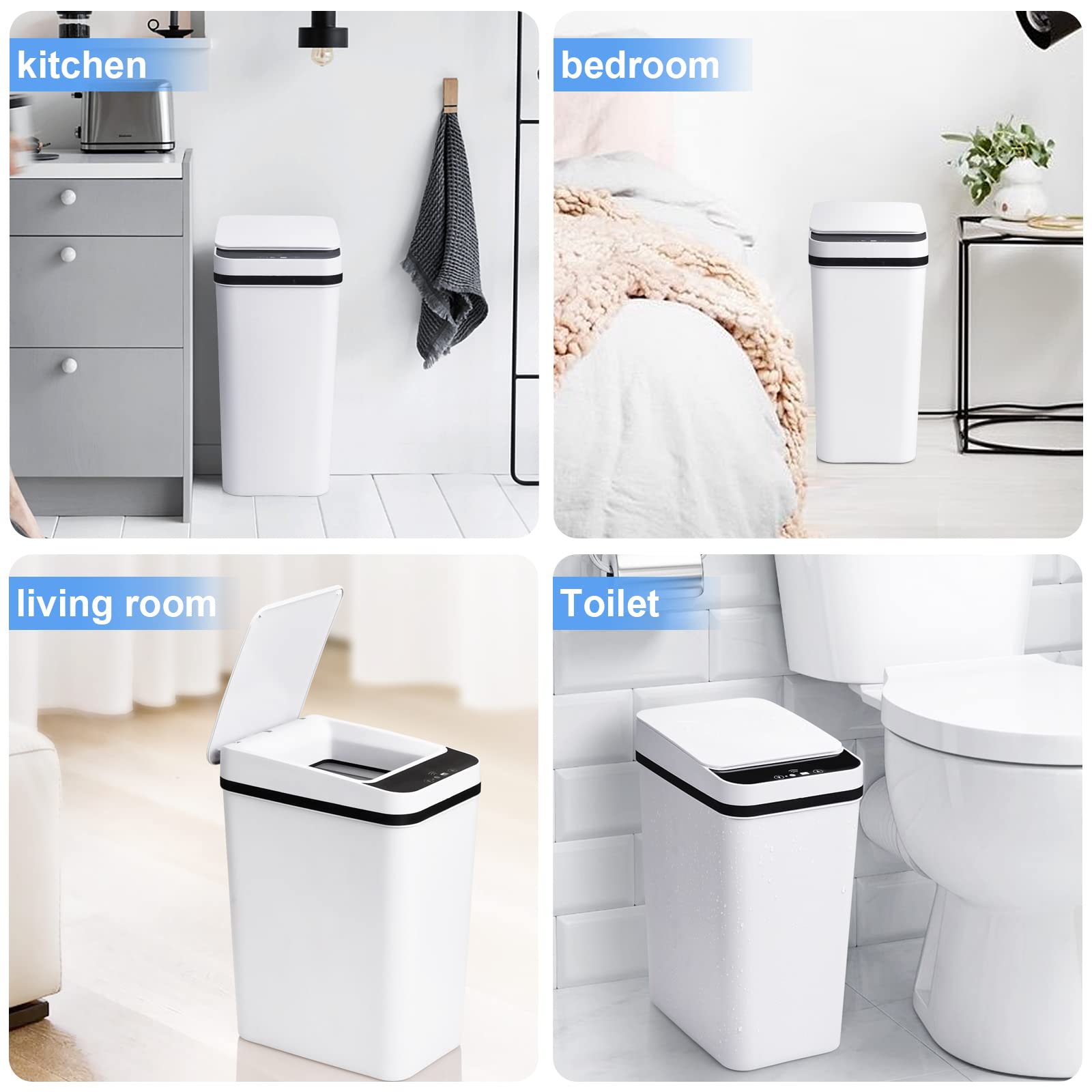 Anborry Bathroom Trash Cans with Lid 2 Pack 2.2 Gallon Touchless Automatic Motion Sensor Small Slim Garbage Can, Smart Electric Narrow Garbage Bin for Bedroom Office Kitchen (White)