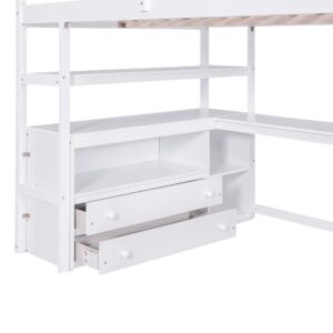 Full Loft Bed with Stairs and Desk, Wood Loft Bed Frame with Storage Cabinet, High Loft Beds with Drawers & Shelf for Kids, Juniors, Teen, Boys, Girls, White