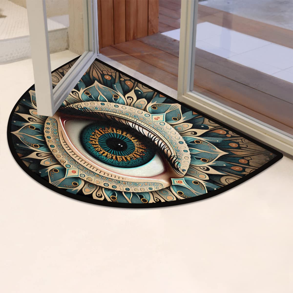 Evil Eye Half Round Doormat Boho Eye Semi Circle Area Rug Non Slip Indoor Outdoor Entrance Half Moon Rug Absorbent Durable Washable Front Floor Mat for Kitchen Bedroom Patio Fireplace Eye Pad