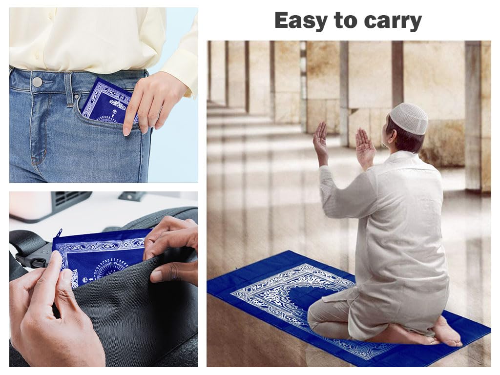 Abiyou 1 Piece Prayer Mat, Musilm Prayer Mat, Polyester Prayer Rug, Portable Travel Prayer Mat, Travel Prayer Rug with Compass, for Muslim Prayer, Ramadan(Blue, 60CMx100CM)