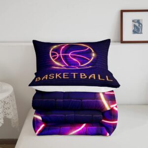 Cool Basketball Bedding Set Twin, Neon Ombre Basketball Comforter Set for Boys Kids Teens Bedroom, Gradient Purple Black Down Comforter, Sports Game Bedding Comforter Sets with 1 Pillow Sham Warm