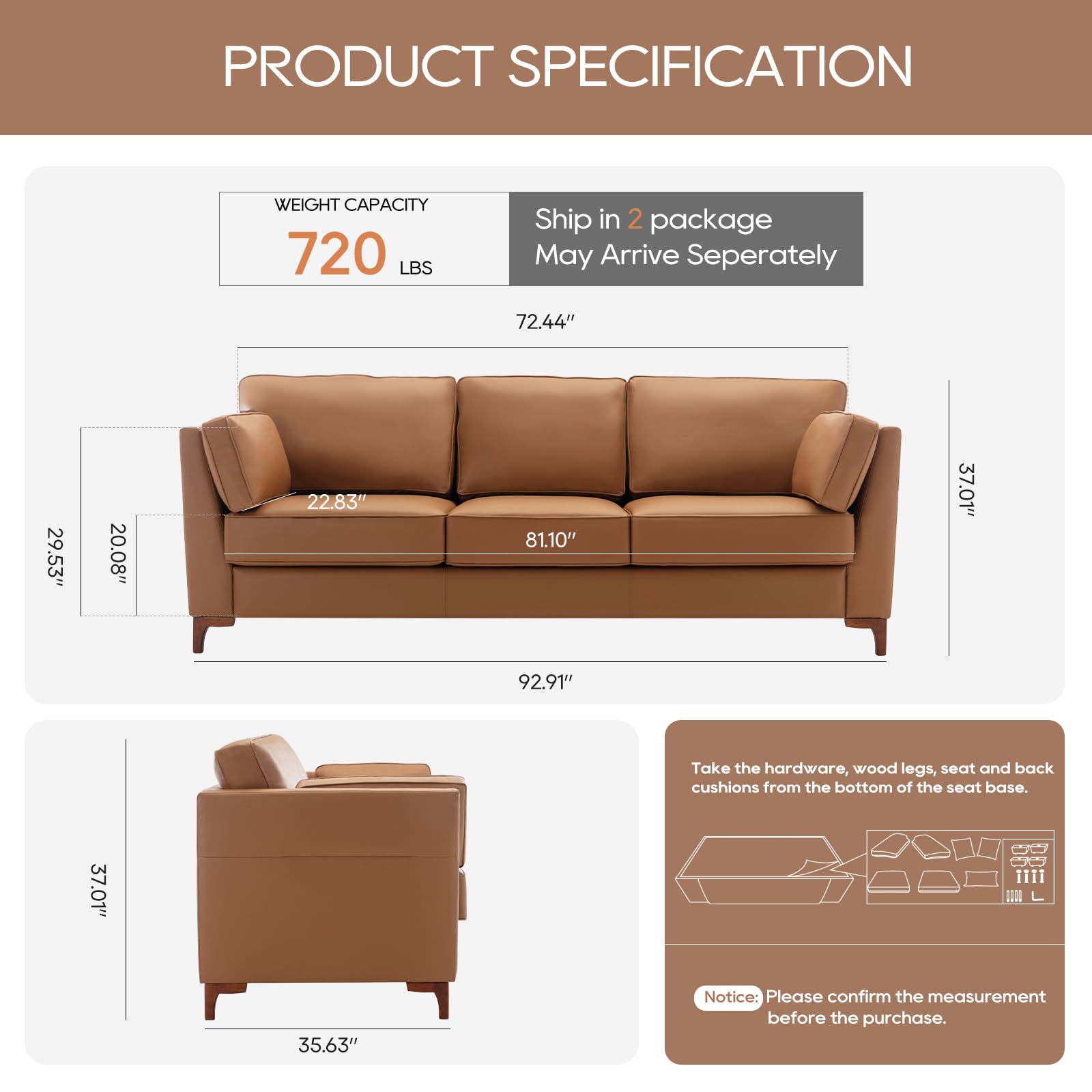 COLAMY Faux Leather Sofa Couch, Modern 3-Seater Couch for Living Room/Small Space/Bedroom, Comfy Couch with Solid Wooden Frame and Metal Legs, Brown