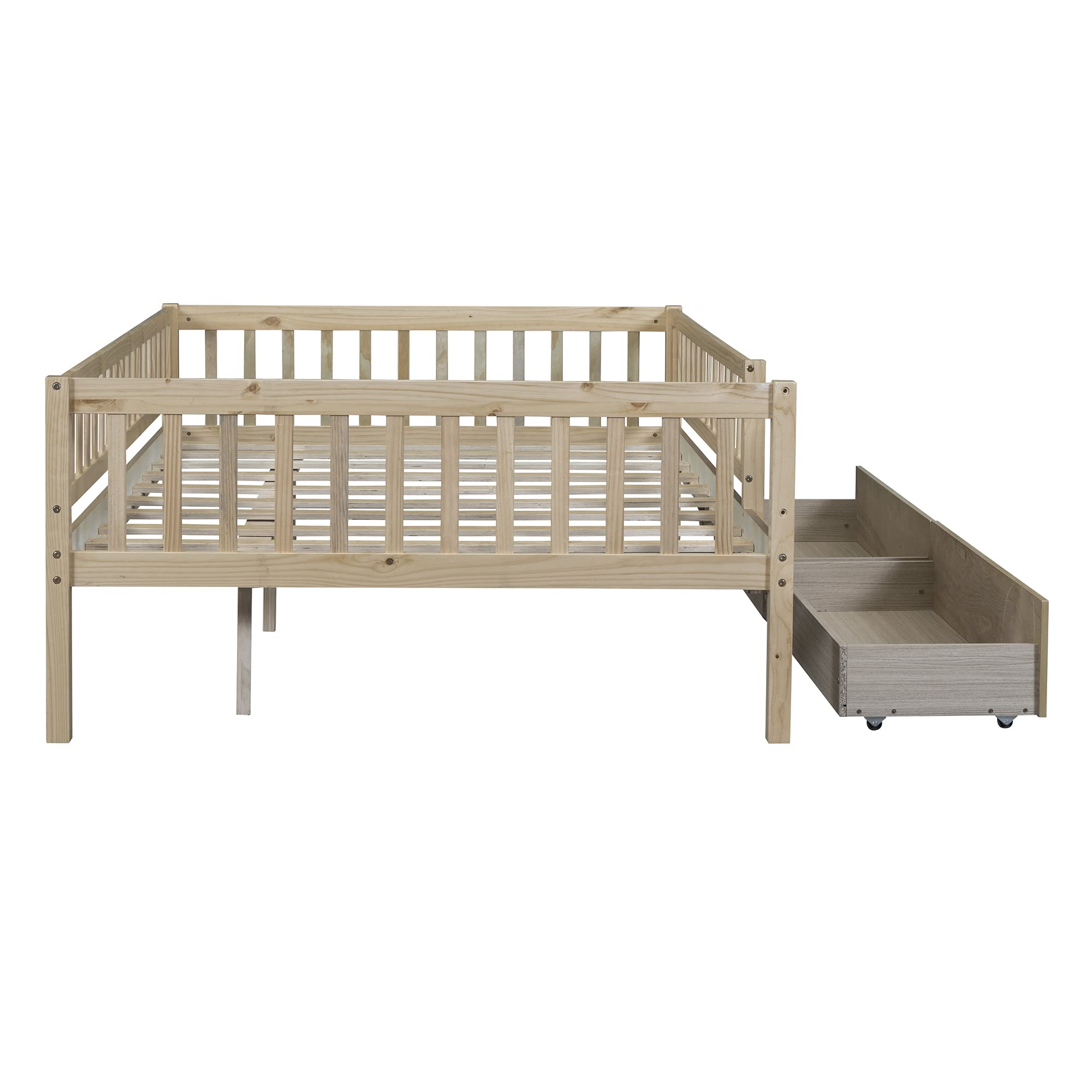 Full Size Bed Frame with Fence Railings and Storage Drawers, Wooden Montessori Style Kids Beds with Slats Support, Dual-use Daybed for Bedroom and Living Room, Natural