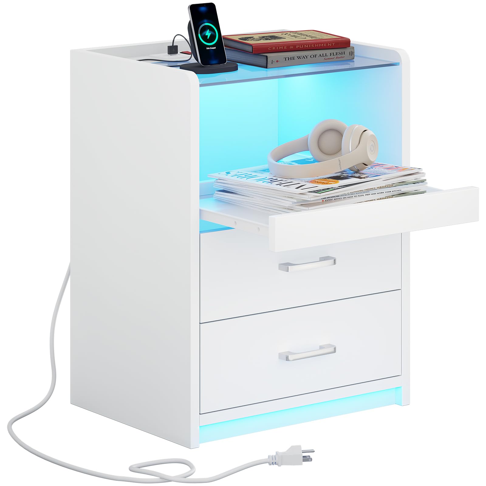 VIAGDO White Nightstand with Charging Station and LED Lights, 2 Drawers LED Night Stand with Tempered Glass Tabletop, Modern End Side Tables with Pull-Out Tray, Open Storage Bedside Tables