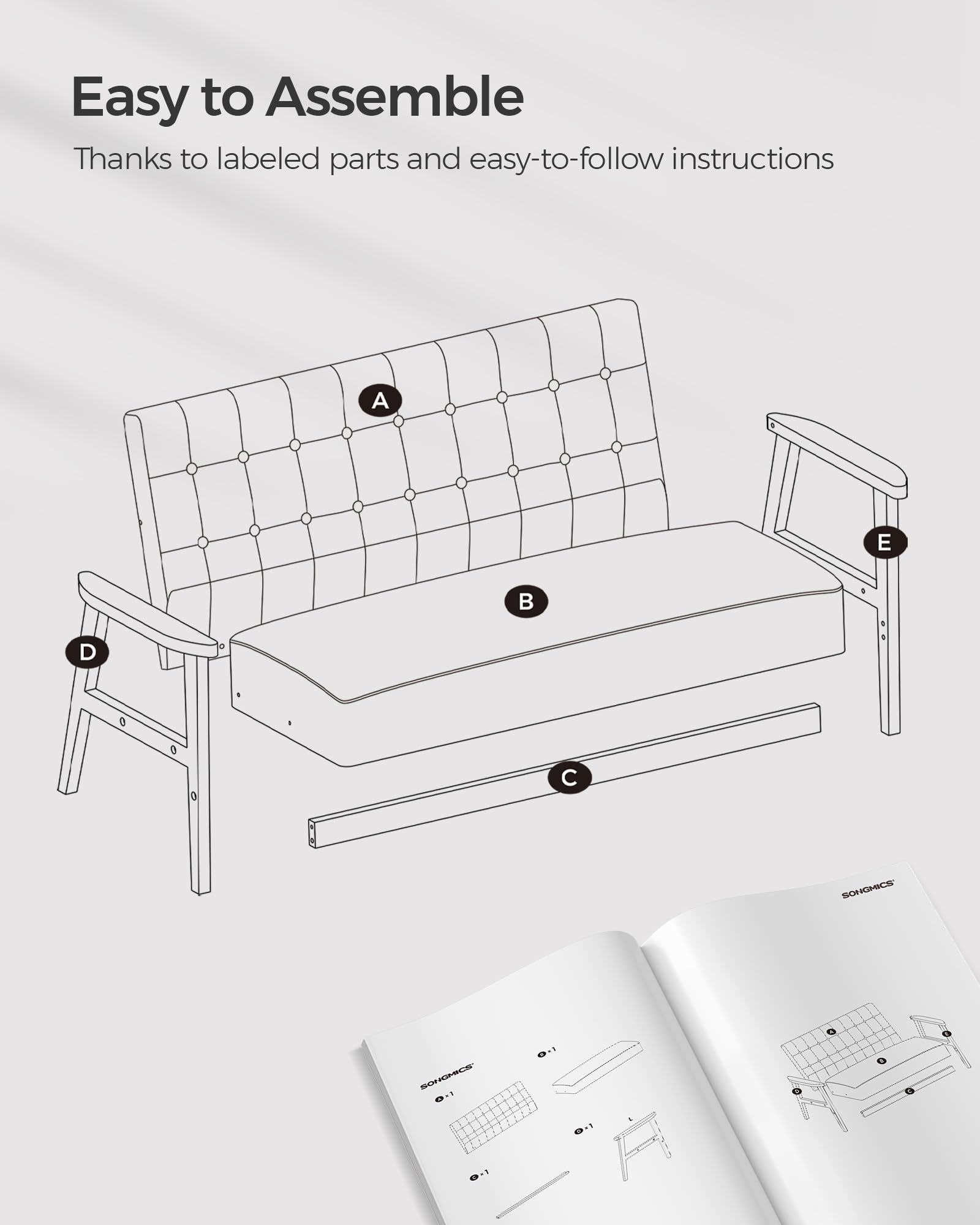 SONGMICS Loveseat Sofa, 2 Seater Cushioned Couch for Small Spaces, Mid-Century Modern 51.2-Inch Wide Seat with Solid Wood Armrests, Easy Assembly, for Living Room Bedroom, Dove Gray ULAC012G01