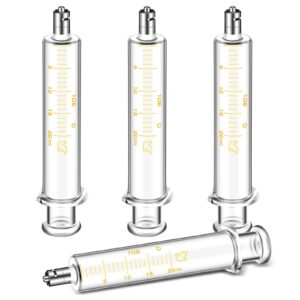 trelaco 4 pack 20ml reusable glass syringe with no needle, measurement and dispensing syringe tools for liquid measuring, feeding pets, oil or glue applicator