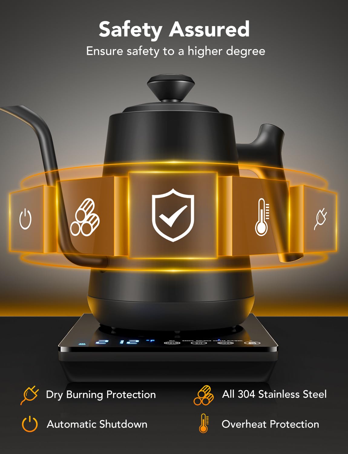 GoveeLife Smart WiFi Electric Kettle with LED Display, Variable Temperature Control, 0.8L, Alexa Compatible - Stainless Steel Kettle for Pour Over Coffee, Brew Tea, Boil Hot Water, Matte Black