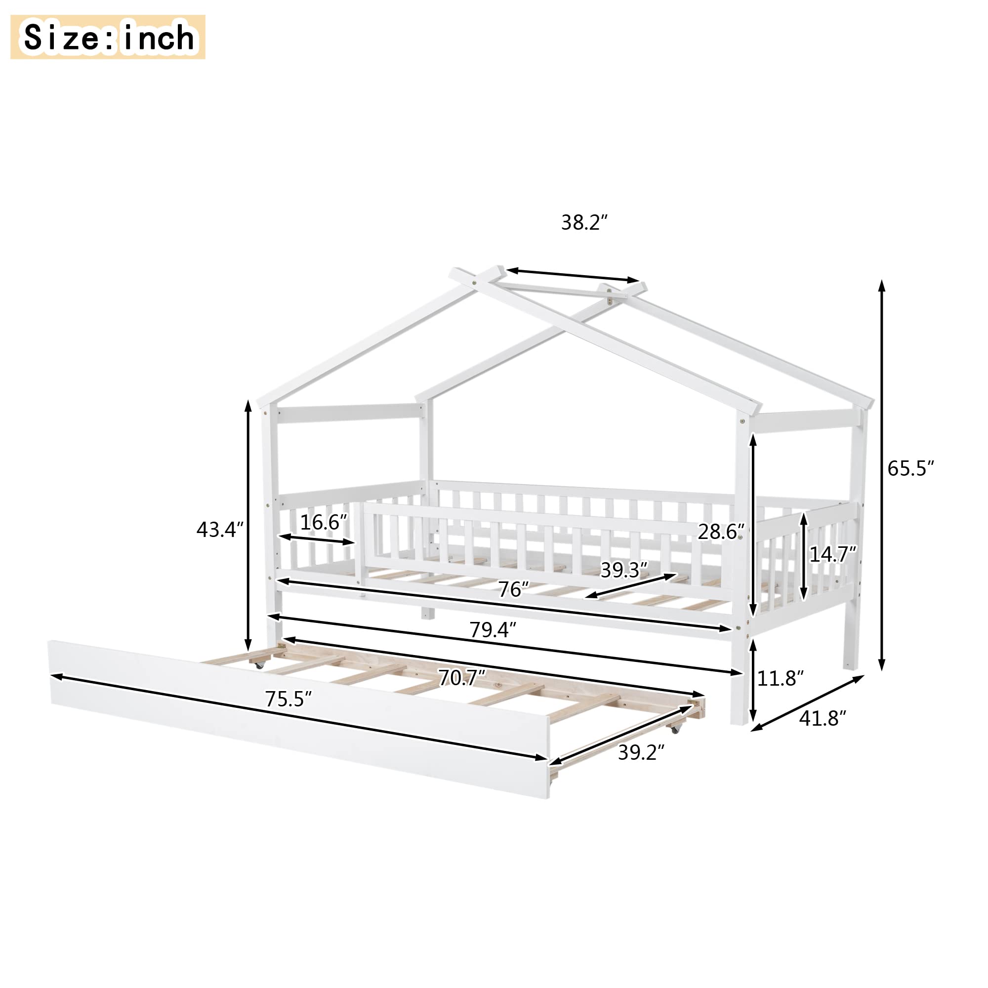 Twin House Bed with Trundle, House Bed for Kids, Wooden Daybed Twin Platform Bed Frame with Guardrails and Roof, for Girls Boys, Easy Assembly (Twin Size, White)