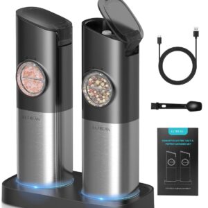 Ultrean Gravity Electric Salt and Pepper Grinder Set - USB Rechargeable With Dual Charging Base - Adjustable Fineness - One Handed Operation, Stainless Steel Construction, Auto Dust Lids, LED Light