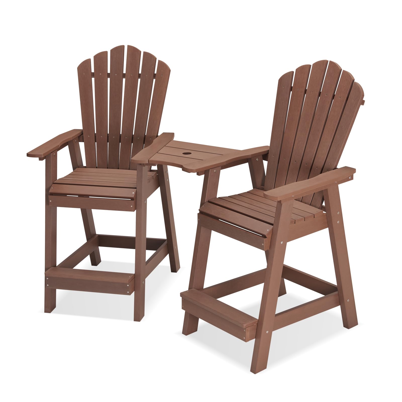 Psilvam Tall Adirondack Chair Set of 2, Poly Lumber Outdoor Bar Stools with Connecting Tray, 350Lbs Support Patio Chairs for Balcony, Deck, Weather Resistant Outdoor Patio Furniture Sets (Brown)