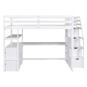 Full Loft Bed with Stairs and Desk, Wood Loft Bed Frame with Storage Cabinet, High Loft Beds with Drawers & Shelf for Kids, Juniors, Teen, Boys, Girls, White