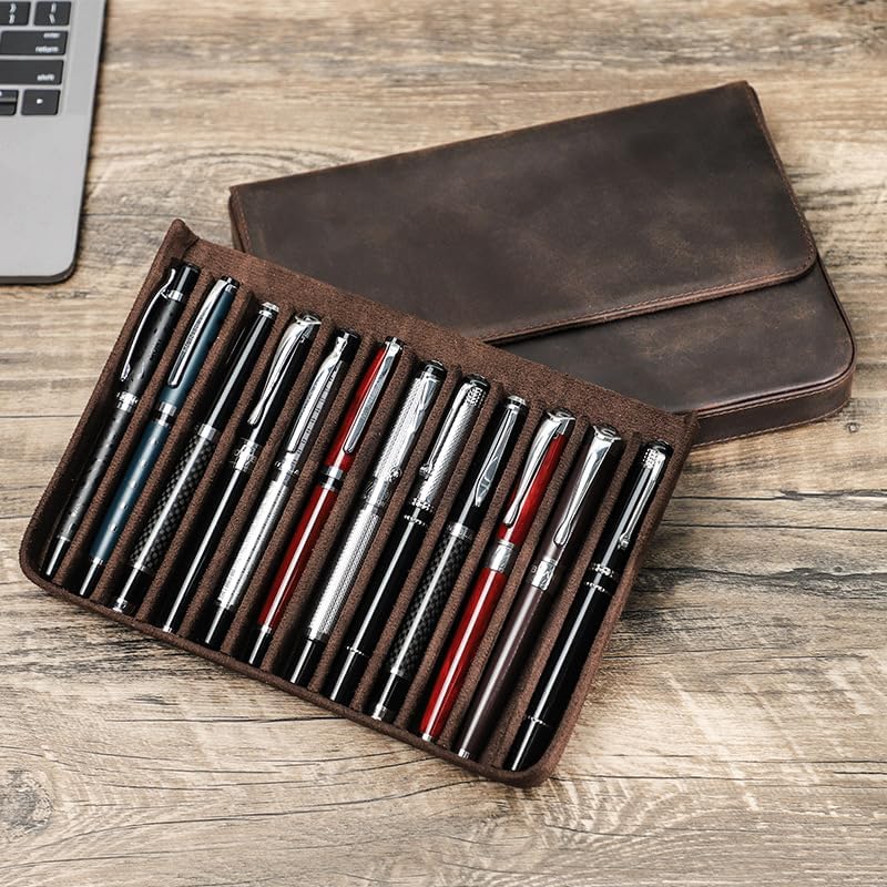 3/12 Leather Pen Case Pack Handmade Drawer Style Detachable Magnetic Pen Case (12 BROWN)…