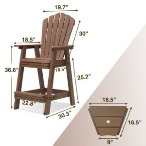 Psilvam Tall Adirondack Chair Set of 2, Poly Lumber Outdoor Bar Stools with Connecting Tray, 350Lbs Support Patio Chairs for Balcony, Deck, Weather Resistant Outdoor Patio Furniture Sets (Brown)