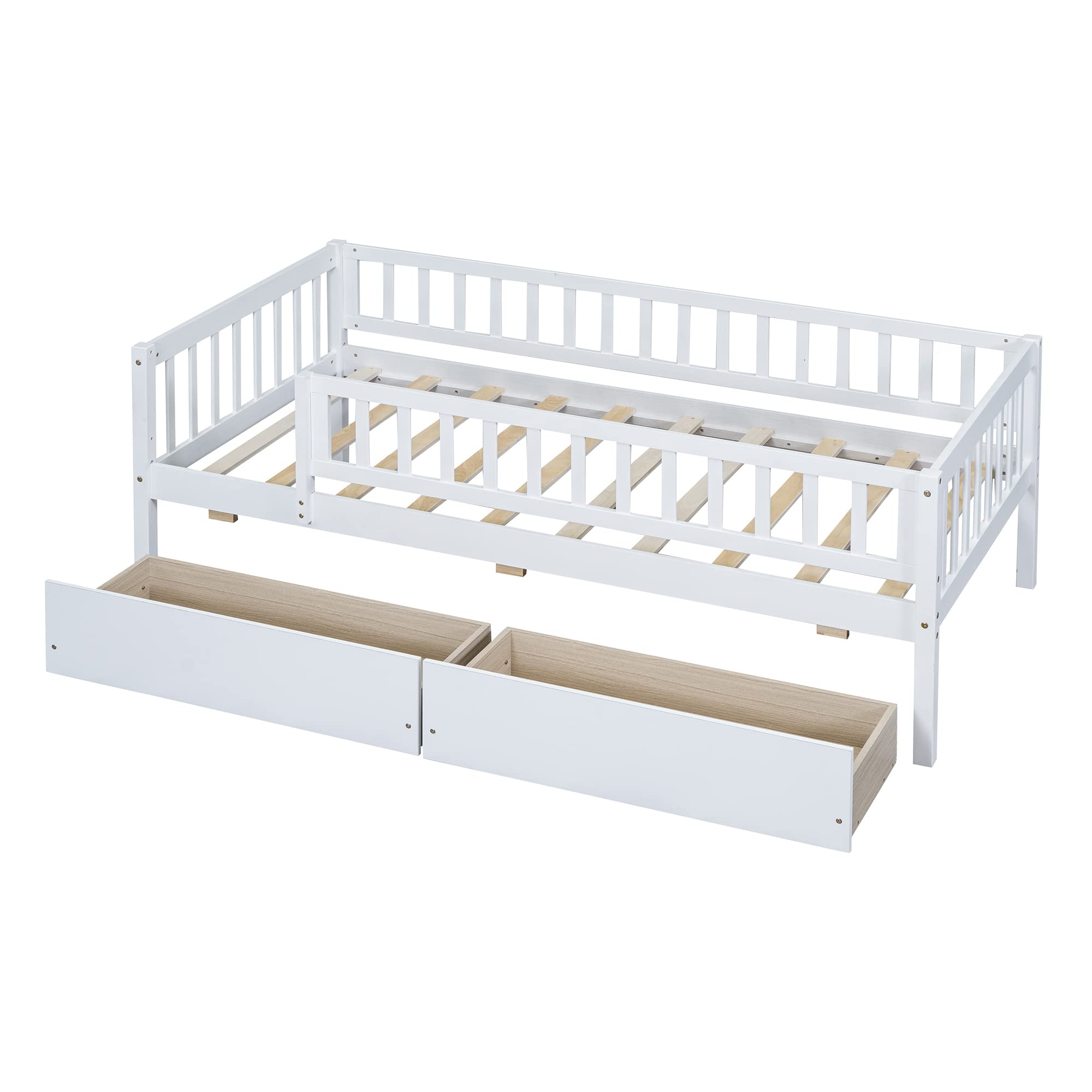 Harper & Bright Designs Twin Size Daybed with Two Drawers, Wood Kids Twin Platform Bed Frame with Storage and Rails, No Box Spring Needed, Easy Assembly (Twin Size, White)