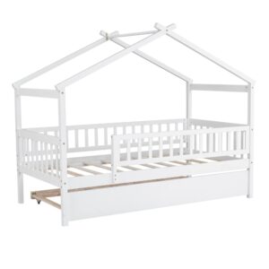 Twin House Bed with Trundle, House Bed for Kids, Wooden Daybed Twin Platform Bed Frame with Guardrails and Roof, for Girls Boys, Easy Assembly (Twin Size, White)