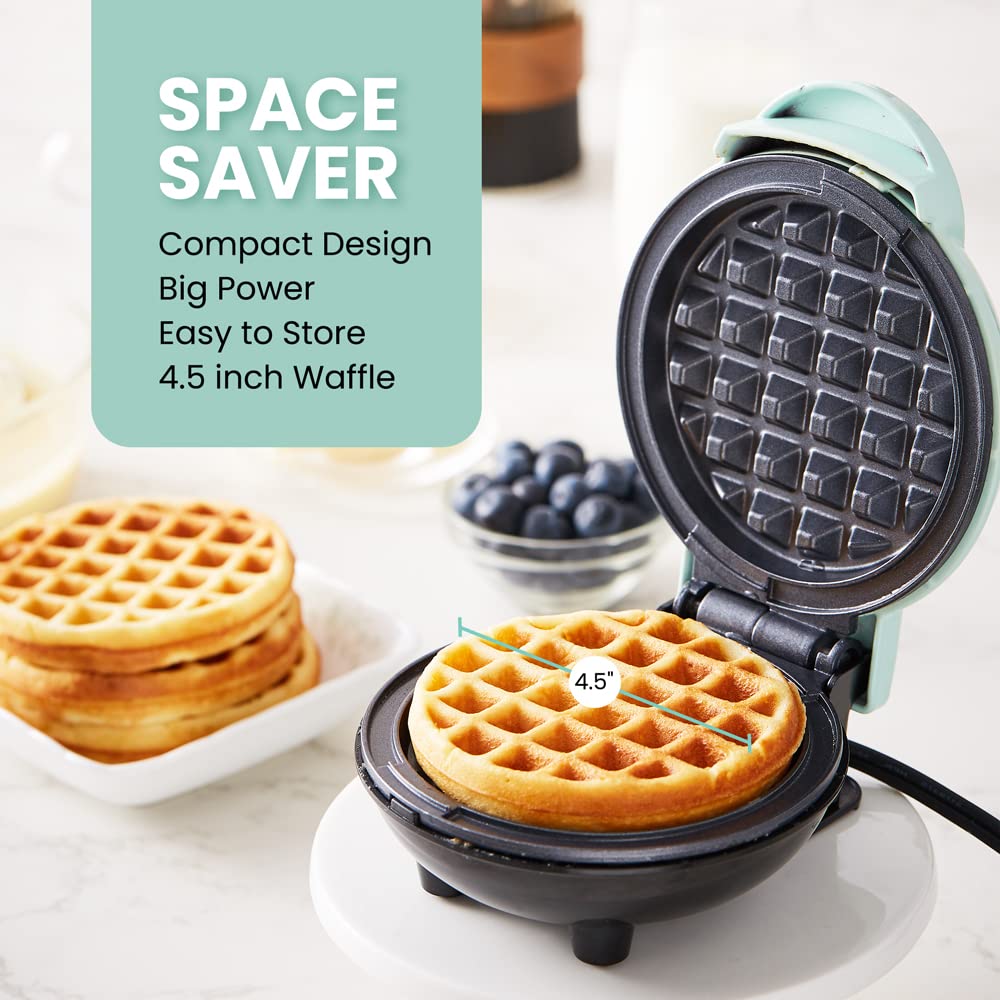 Elite Gourmet EWM015M# Electric Nonstick 4.5-inch Mini Waffle Maker, Belgian Waffles, Compact Design, Hash Browns, Keto, Snacks, Sandwich, Eggs, Easy to Clean, Mint