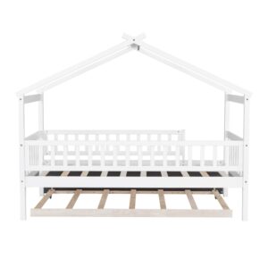 Twin House Bed with Trundle, House Bed for Kids, Wooden Daybed Twin Platform Bed Frame with Guardrails and Roof, for Girls Boys, Easy Assembly (Twin Size, White)